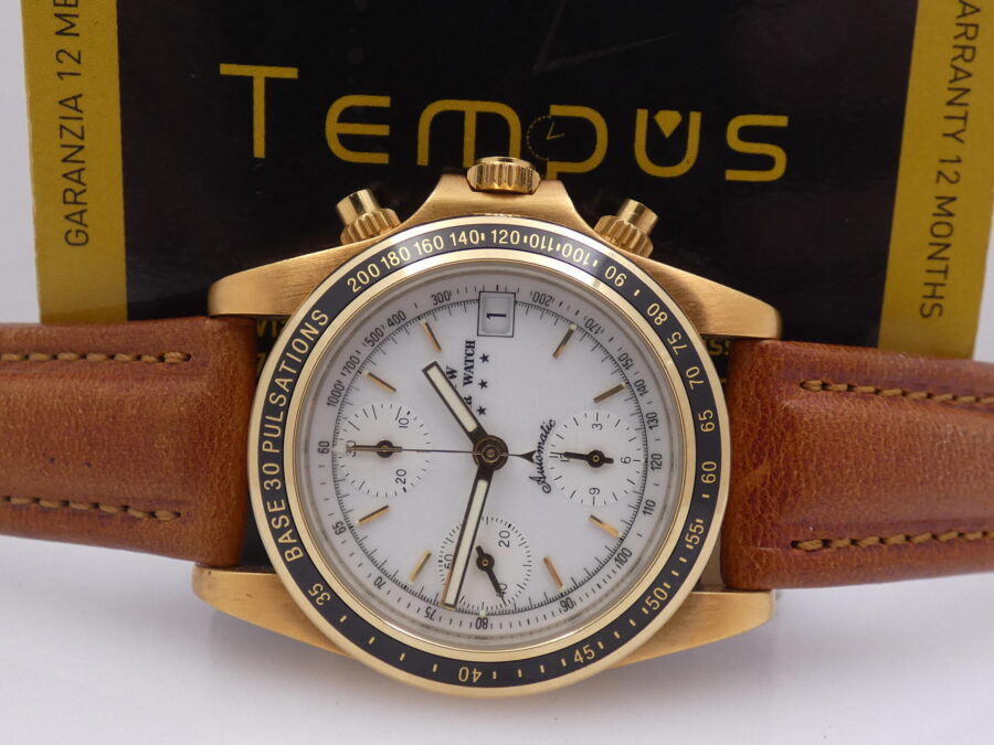 Cronografo Agir Watch Tricompax Automatic Date NEW OLD STOCK Mai Indossato 18 Kt Gold Filled - immagine 2