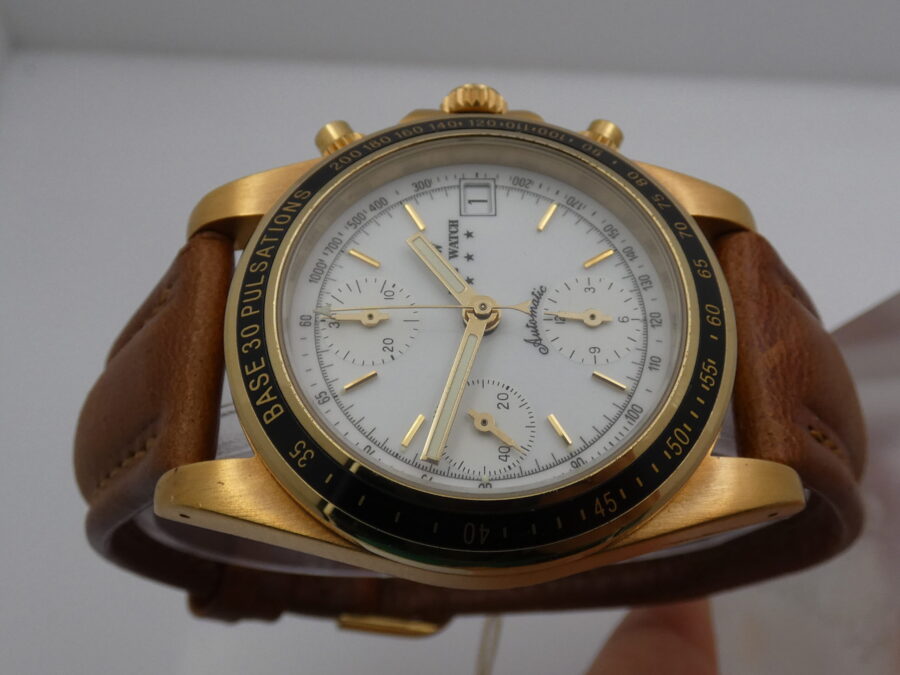 Cronografo Agir Watch Tricompax Automatic Date NEW OLD STOCK Mai Indossato 18 Kt Gold Filled