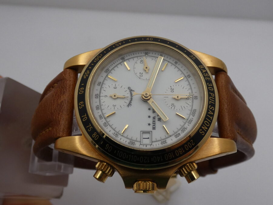Cronografo Agir Watch Tricompax Automatic Date NEW OLD STOCK Mai Indossato 18 Kt Gold Filled - immagine 3