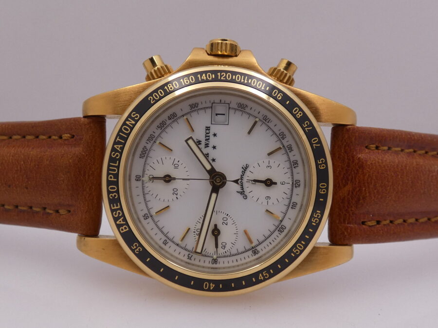 Cronografo Agir Watch Tricompax Automatic Date NEW OLD STOCK Mai Indossato 18 Kt Gold Filled - immagine 4