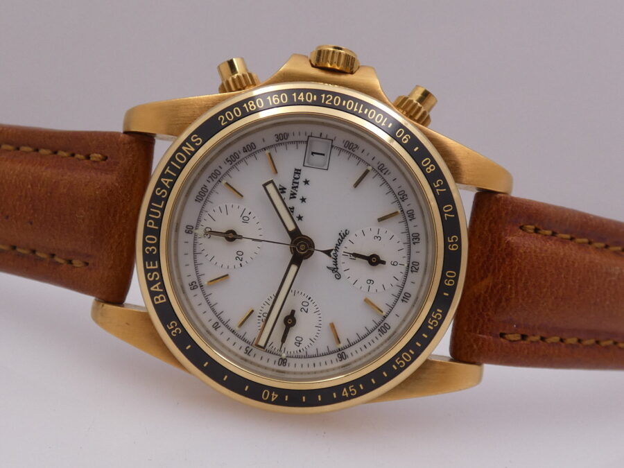 Cronografo Agir Watch Tricompax Automatic Date NEW OLD STOCK Mai Indossato 18 Kt Gold Filled - immagine 5