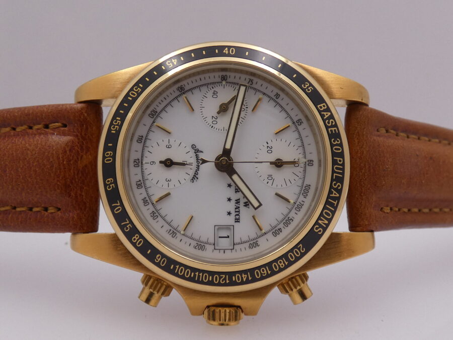 Cronografo Agir Watch Tricompax Automatic Date NEW OLD STOCK Mai Indossato 18 Kt Gold Filled - immagine 6