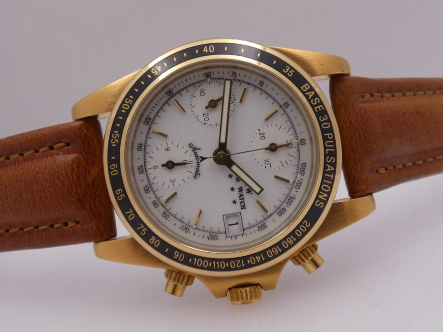 Cronografo Agir Watch Tricompax Automatic Date NEW OLD STOCK Mai Indossato 18 Kt Gold Filled - immagine 7