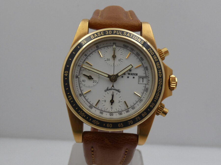 Cronografo Agir Watch Tricompax Automatic Date NEW OLD STOCK Mai Indossato 18 Kt Gold Filled - immagine 8