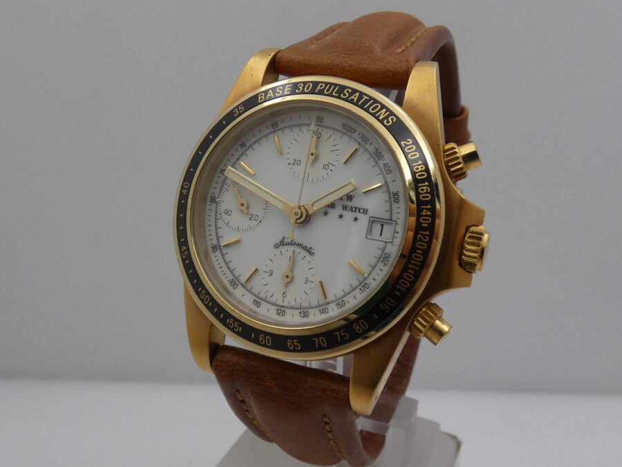 Cronografo Agir Watch Tricompax Automatic Date NEW OLD STOCK Mai Indossato 18 Kt Gold Filled - immagine 9