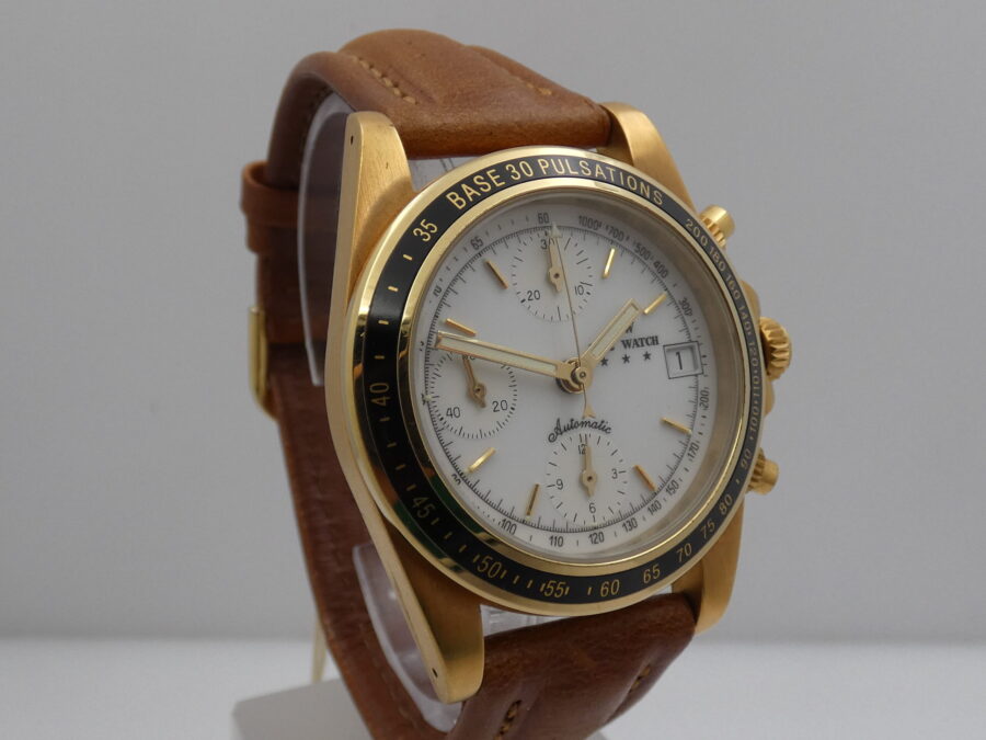 Cronografo Agir Watch Tricompax Automatic Date NEW OLD STOCK Mai Indossato 18 Kt Gold Filled - immagine 10