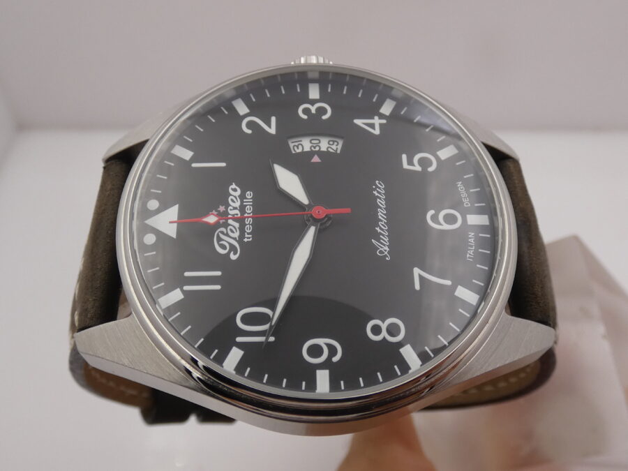 Perseo Aviatore Tre Stelle 11351 Automatic Date BOX & PAPERS NEVER WORN Acciaio