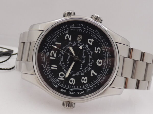 Hamilton Khaki Navy UTC GMT 3 Crown H77505133 Automatico NEW BOX & PAPERS Acciaio Braccialato