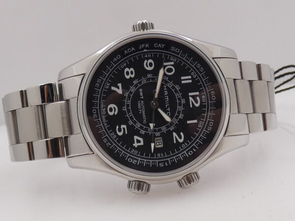 Hamilton Khaki Navy UTC GMT 3 Crown H77505133 Automatico NEW BOX & PAPERS Acciaio Braccialato