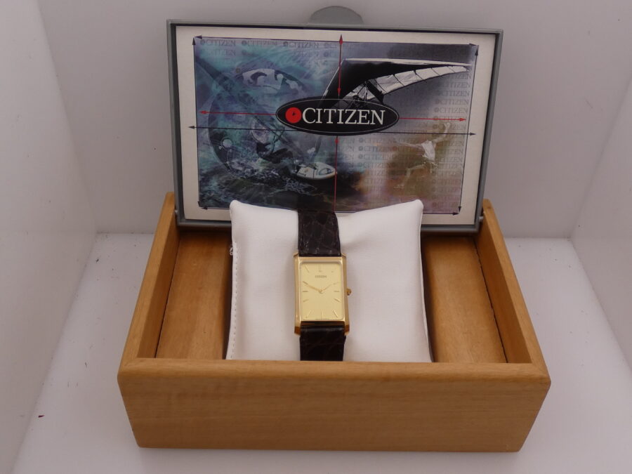 Citizen N.O.S Tank Ultra Thin Rectangular Oro 18Kt NEW OLD STOCK With BOX Leaf Hands ANNI '90 - immagine 11