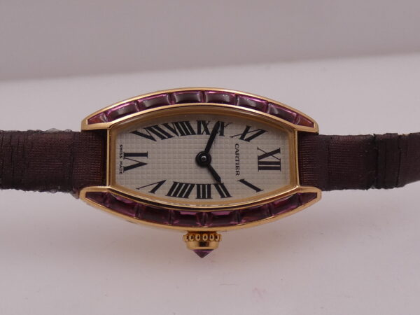 Cartier Tonneau Mini Tonneau Unique 18 Kt Rose Gold Limited Edition Tourmalines Bezel BOX&PAPERS Year 2004