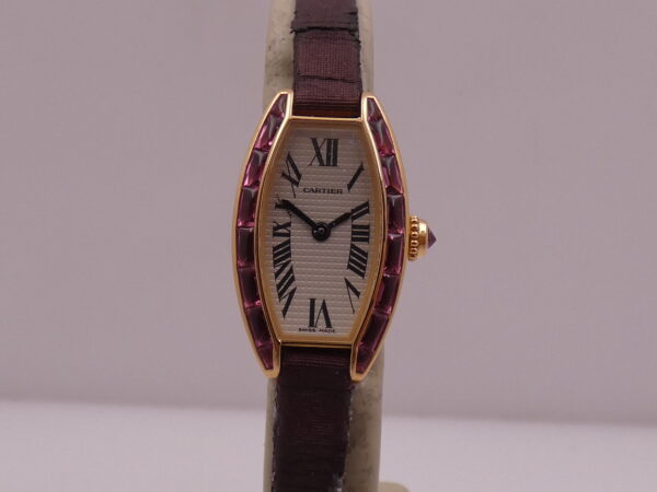 Cartier Tonneau Mini Tonneau Unique 18 Kt Rose Gold Limited Edition Tourmalines Bezel BOX&PAPERS Year 2004