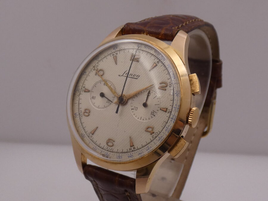 Lanco Bicompax Chronograph 37mm Honey Comb Dial ANNI 1950's Laminato Oro Rosa 10Kt Lemania 1275 Manuale - immagine 9