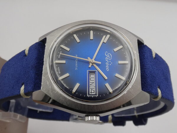 Perseo Tre Stelle Day-Date FS Ferrovie Dello Stato Deep Blue Dial Automatico Anno 70's Acciaio
