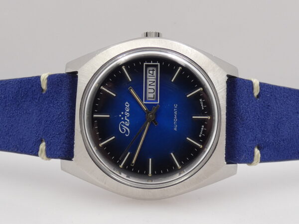 Perseo Tre Stelle Day-Date FS Ferrovie Dello Stato Deep Blue Dial Automatico Anno 70's Acciaio
