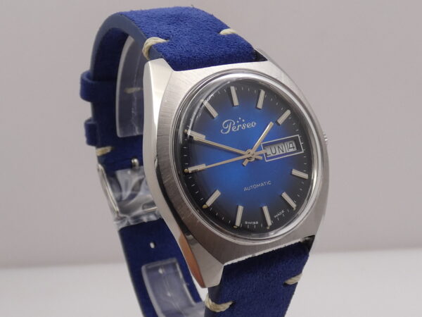 Perseo Tre Stelle Day-Date FS Ferrovie Dello Stato Deep Blue Dial Automatico Anno 70's Acciaio