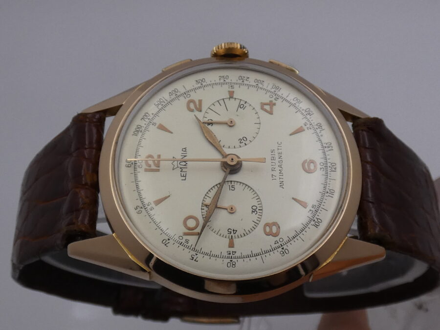 Cronografo Lemania Bicompax Oversize Oro Rosa 18Kt '50s Serviced Ruota a Colonne