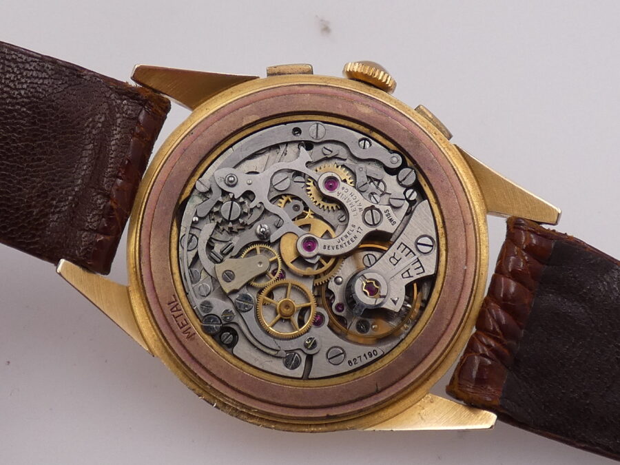 Cronografo Lemania Bicompax Oversize Oro Rosa 18Kt '50s Serviced Ruota a Colonne - immagine 15