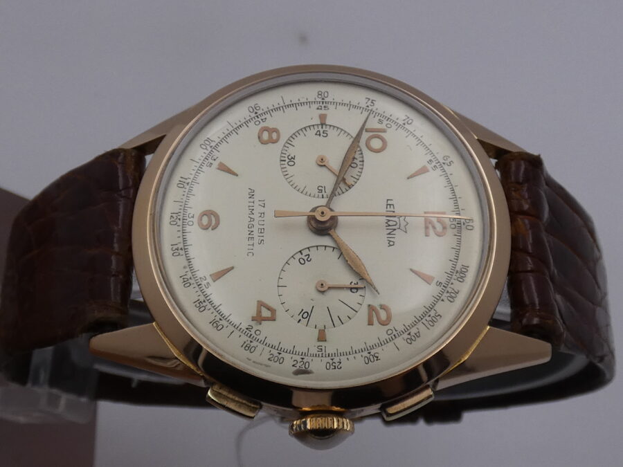 Cronografo Lemania Bicompax Oversize Oro Rosa 18Kt '50s Serviced Ruota a Colonne - immagine 3