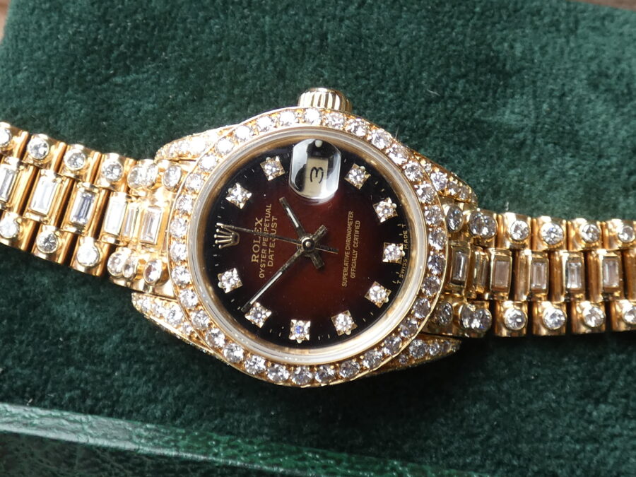 Rolex Datejust Lady 69138 Red Vignette Dial FULL Diamonds Oro Massiccio 18Kt ANNO 1982 Automatico - immagine 4