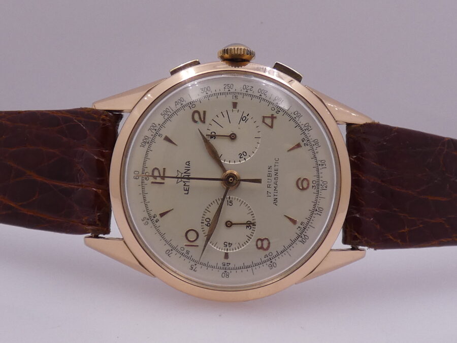 Cronografo Lemania Bicompax Oversize Oro Rosa 18Kt '50s Serviced Ruota a Colonne - immagine 5