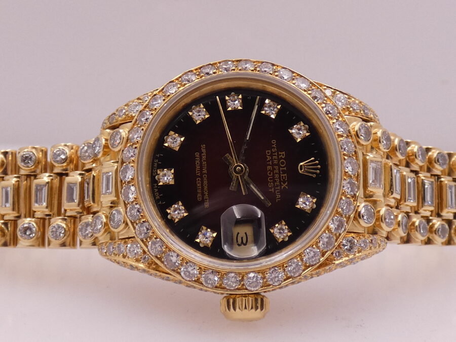 Rolex Datejust Lady 69138 Red Vignette Dial FULL Diamonds Oro Massiccio 18Kt ANNO 1982 Automatico - immagine 6