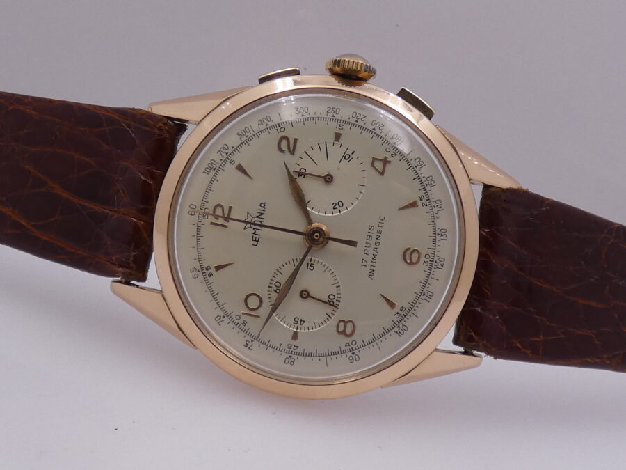 Cronografo Lemania Bicompax Oversize Oro Rosa 18Kt '50s Serviced Ruota a Colonne - immagine 6