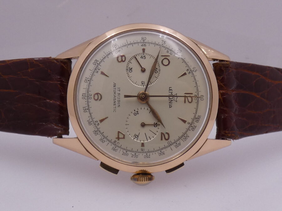 Cronografo Lemania Bicompax Oversize Oro Rosa 18Kt '50s Serviced Ruota a Colonne - immagine 7
