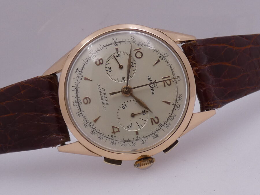 Cronografo Lemania Bicompax Oversize Oro Rosa 18Kt '50s Serviced Ruota a Colonne - immagine 8