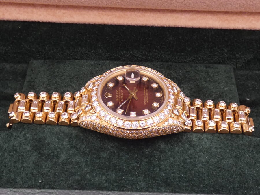 Rolex Datejust Lady 69138 Red Vignette Dial FULL Diamonds Oro Massiccio 18Kt ANNO 1982 Automatico - immagine 9