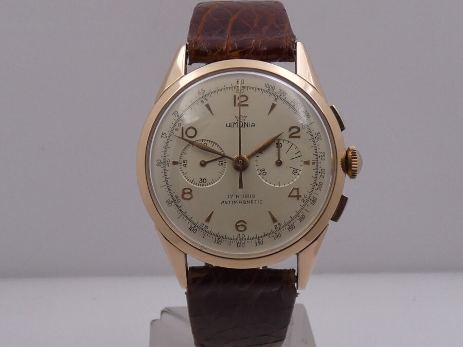 Cronografo Lemania Bicompax Oversize Oro Rosa 18Kt '50s Serviced Ruota a Colonne - immagine 9