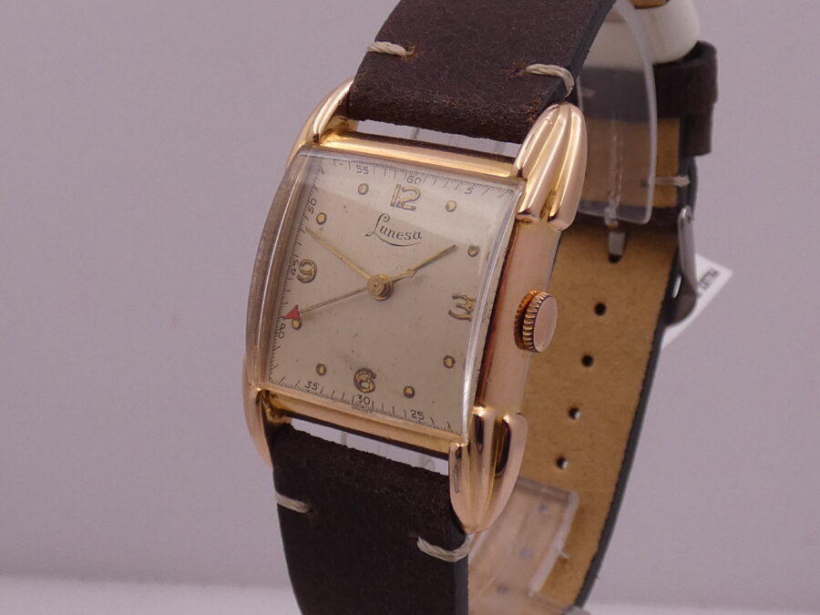 Lunesa Art Decò Laminato Oro Rosa 18Kt Spider Lugs Anni '50s Carica Manuale Vintage - immagine 8