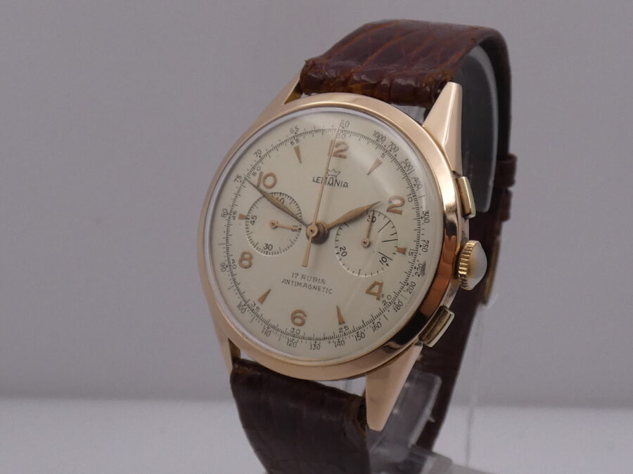 Cronografo Lemania Bicompax Oversize Oro Rosa 18Kt '50s Serviced Ruota a Colonne - immagine 10