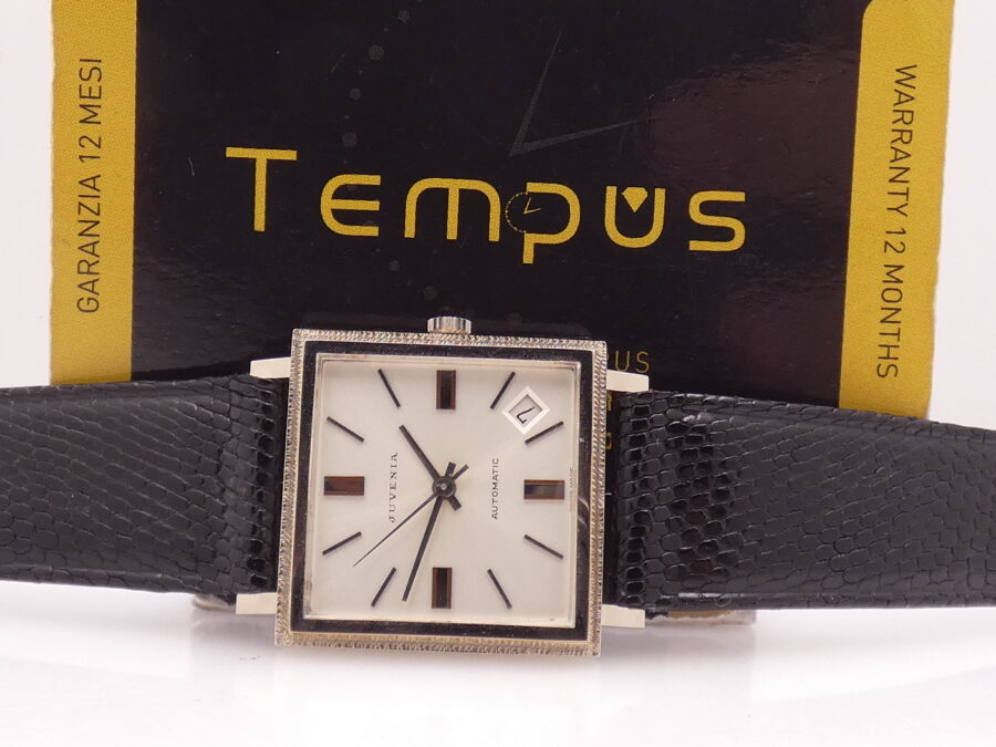 Juvenia New Old Stock 18Kt White Solid Gold Automatico Date Bark Bezel Anni'70 Never Worn - immagine 2