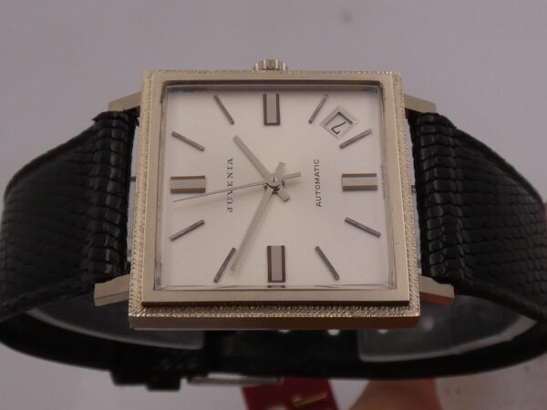 Juvenia New Old Stock 18Kt White Solid Gold Automatico Date Bark Bezel Anni'70 Never Worn