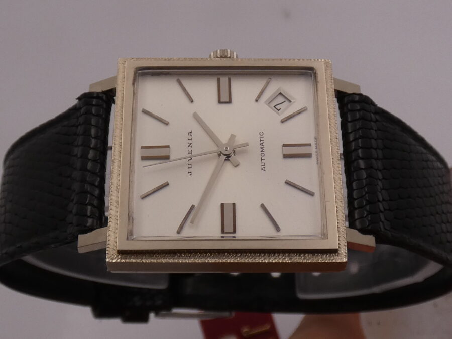 Juvenia New Old Stock 18Kt White Solid Gold Automatico Date Bark Bezel Anni'70 Never Worn