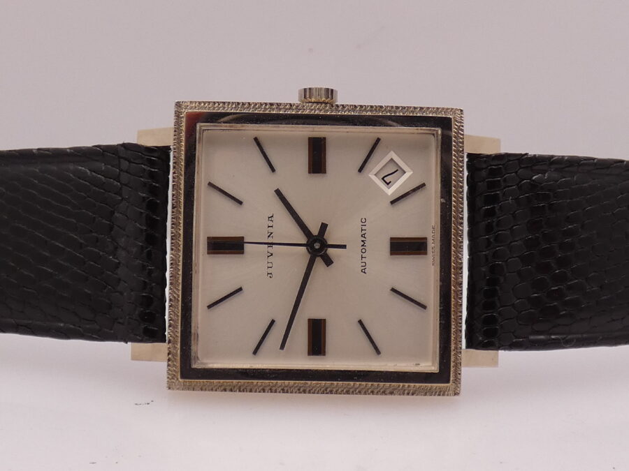 Juvenia New Old Stock 18Kt White Solid Gold Automatico Date Bark Bezel Anni'70 Never Worn - immagine 5