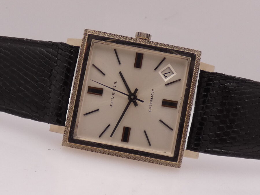 Juvenia New Old Stock 18Kt White Solid Gold Automatico Date Bark Bezel Anni'70 Never Worn - immagine 6
