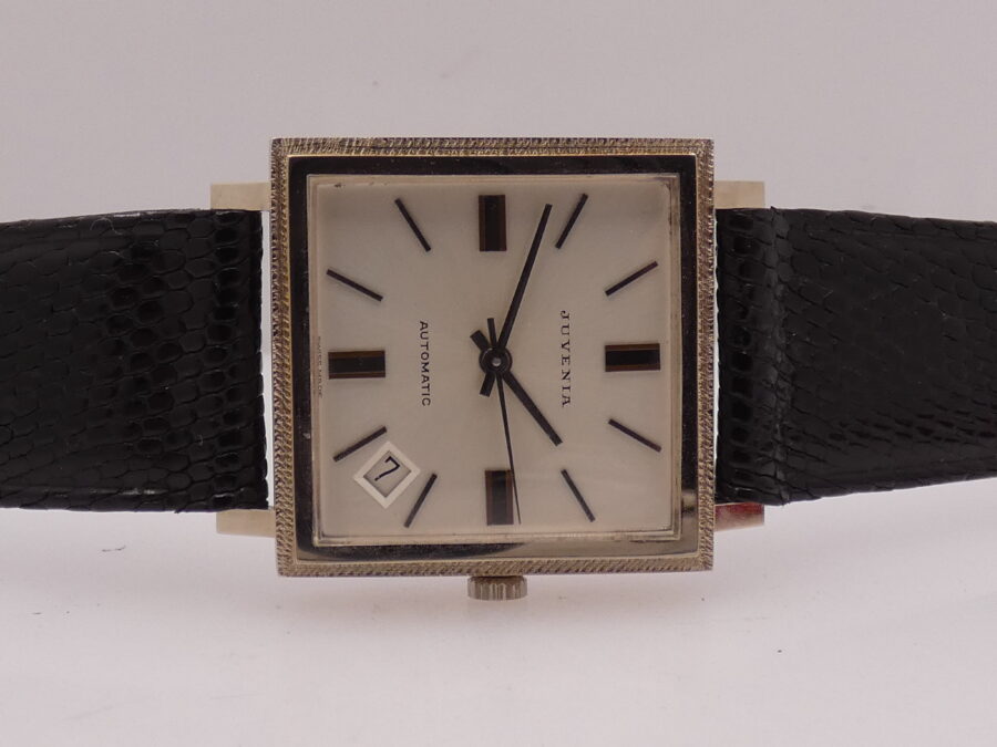 Juvenia New Old Stock 18Kt White Solid Gold Automatico Date Bark Bezel Anni'70 Never Worn - immagine 7