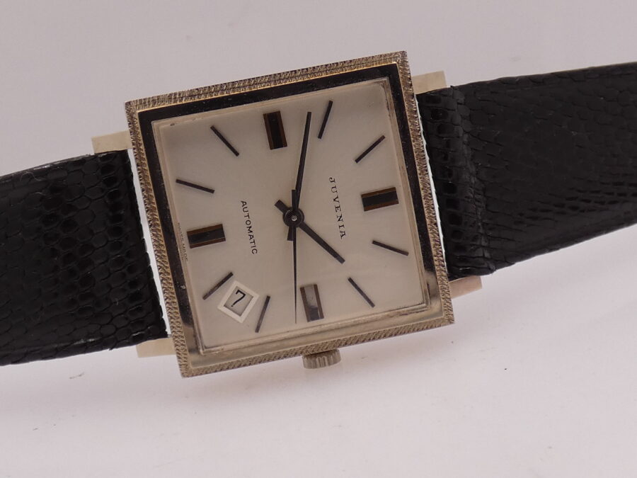 Juvenia New Old Stock 18Kt White Solid Gold Automatico Date Bark Bezel Anni'70 Never Worn - immagine 8