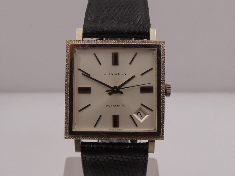 Juvenia New Old Stock 18Kt White Solid Gold Automatico Date Bark Bezel Anni'70 Never Worn - immagine 9