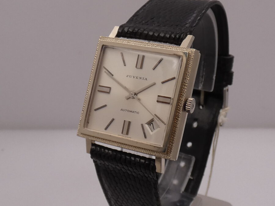 Juvenia New Old Stock 18Kt White Solid Gold Automatico Date Bark Bezel Anni'70 Never Worn - immagine 10