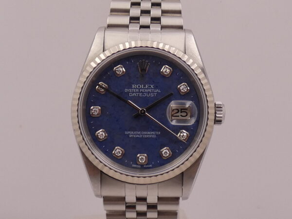 Rolex Datejust 36 Rare 16234 SODALITE & DIAMONDS FULL SET Anno 2001 Mai Lucidato SENZA FORI Lunetta Oro Bianco18Kt Bracciale Jubilee
