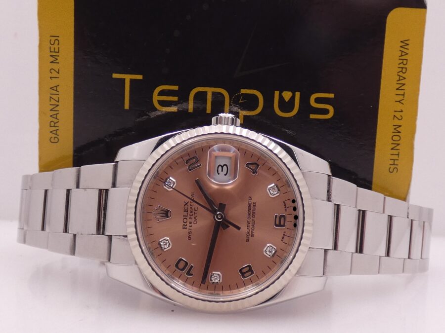 Rolex Oyster Perpetual Date 115234 Factory Salmon Diamond Dial With BOX Lunetta Oro Bianco 18Kt ANNO 2015 Automatico Acciaio - immagine 2