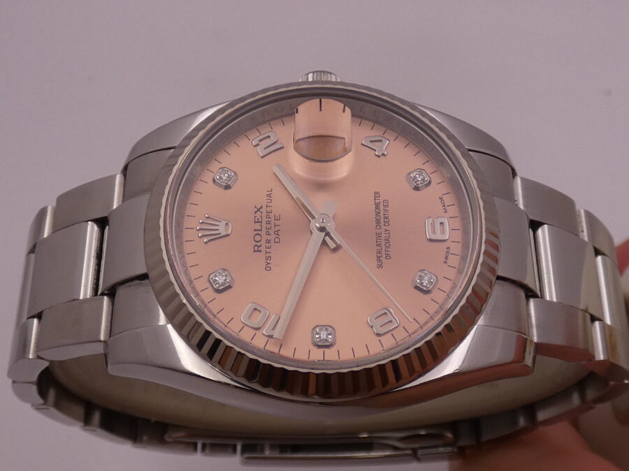 Rolex Oyster Perpetual Date 115234 Factory Salmon Diamond Dial With BOX Lunetta Oro Bianco 18Kt ANNO 2015 Automatico Acciaio