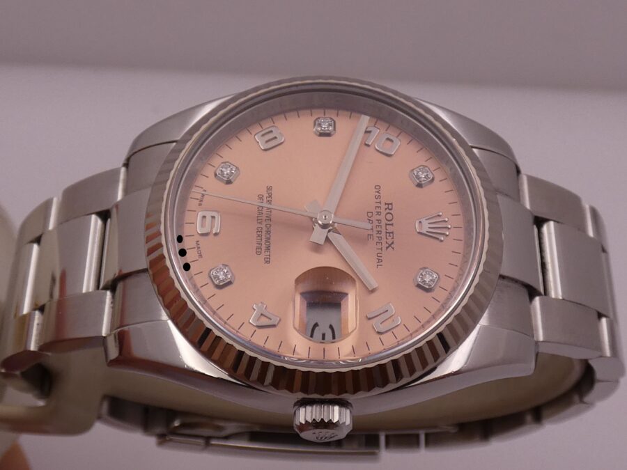 Rolex Oyster Perpetual Date 115234 Factory Salmon Diamond Dial With BOX Lunetta Oro Bianco 18Kt ANNO 2015 Automatico Acciaio - immagine 4