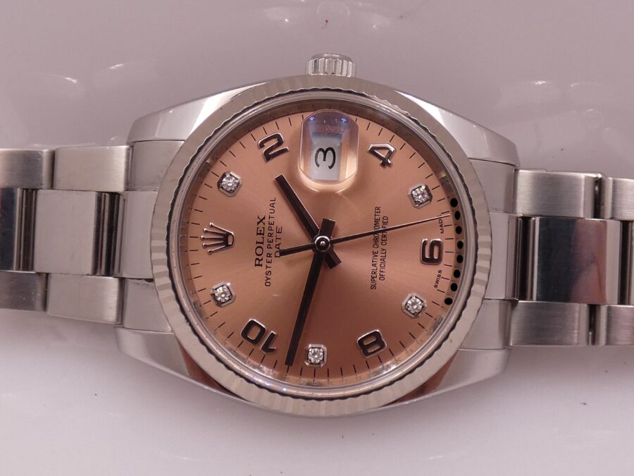 Rolex Oyster Perpetual Date 115234 Factory Salmon Diamond Dial With BOX Lunetta Oro Bianco 18Kt ANNO 2015 Automatico Acciaio - immagine 5