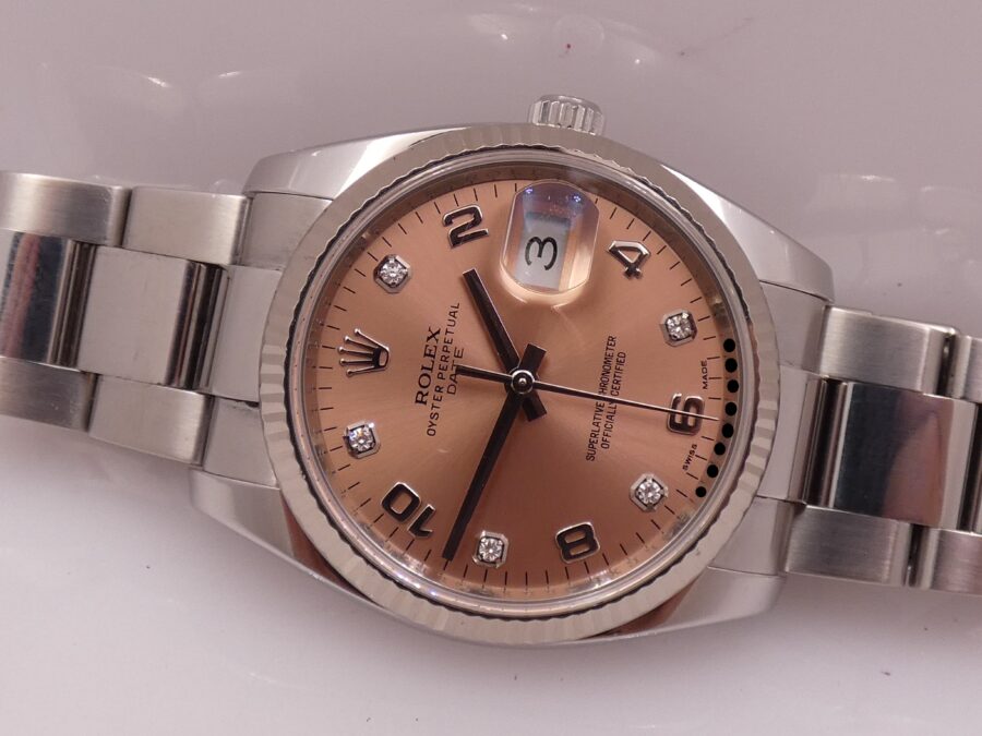 Rolex Oyster Perpetual Date 115234 Factory Salmon Diamond Dial With BOX Lunetta Oro Bianco 18Kt ANNO 2015 Automatico Acciaio - immagine 6