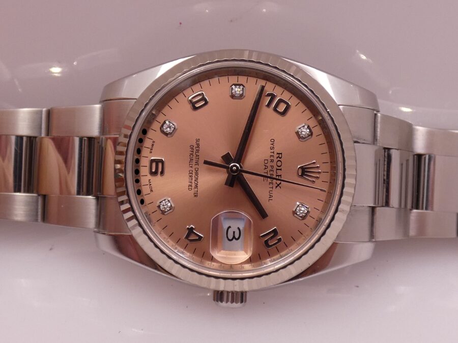 Rolex Oyster Perpetual Date 115234 Factory Salmon Diamond Dial With BOX Lunetta Oro Bianco 18Kt ANNO 2015 Automatico Acciaio - immagine 7