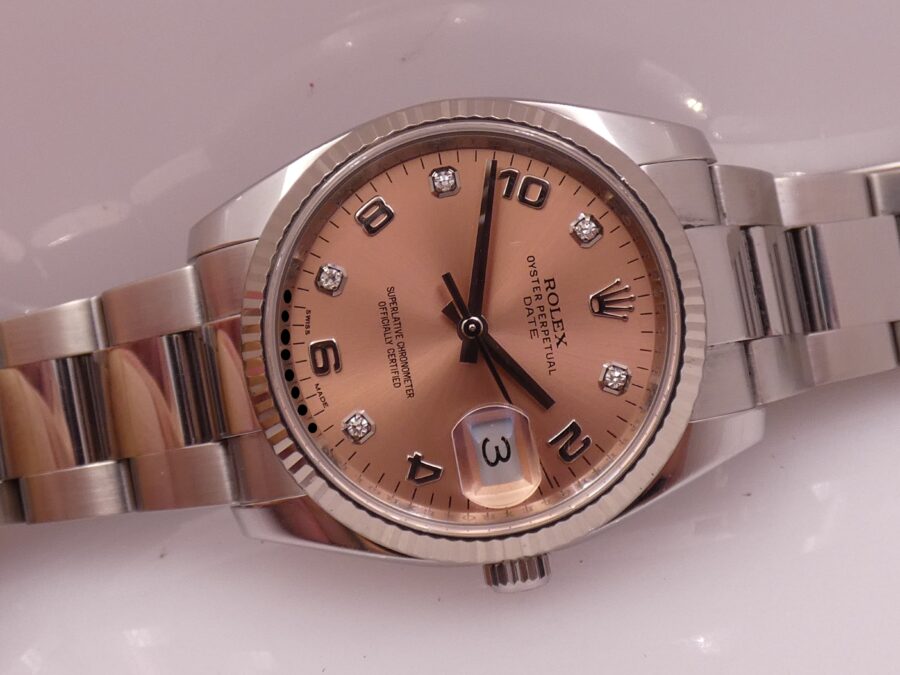 Rolex Oyster Perpetual Date 115234 Factory Salmon Diamond Dial With BOX Lunetta Oro Bianco 18Kt ANNO 2015 Automatico Acciaio - immagine 8